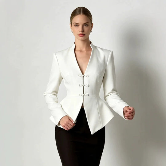Damen Taillierter Peplum-Blazer mit Mandarinkragen und dekorativen Knotenverschlüssen Shop Nory