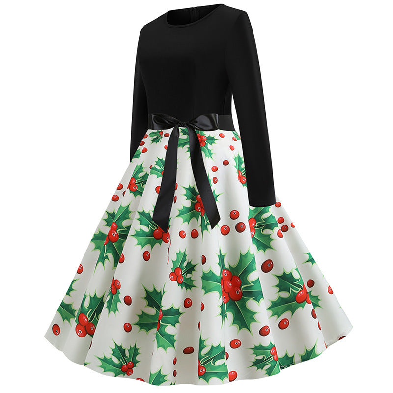 Damen Festliches A‑Linien Tellerrockkleid mit langem Arm, taillierter Passform und Stechpalmenprint Shop Nory