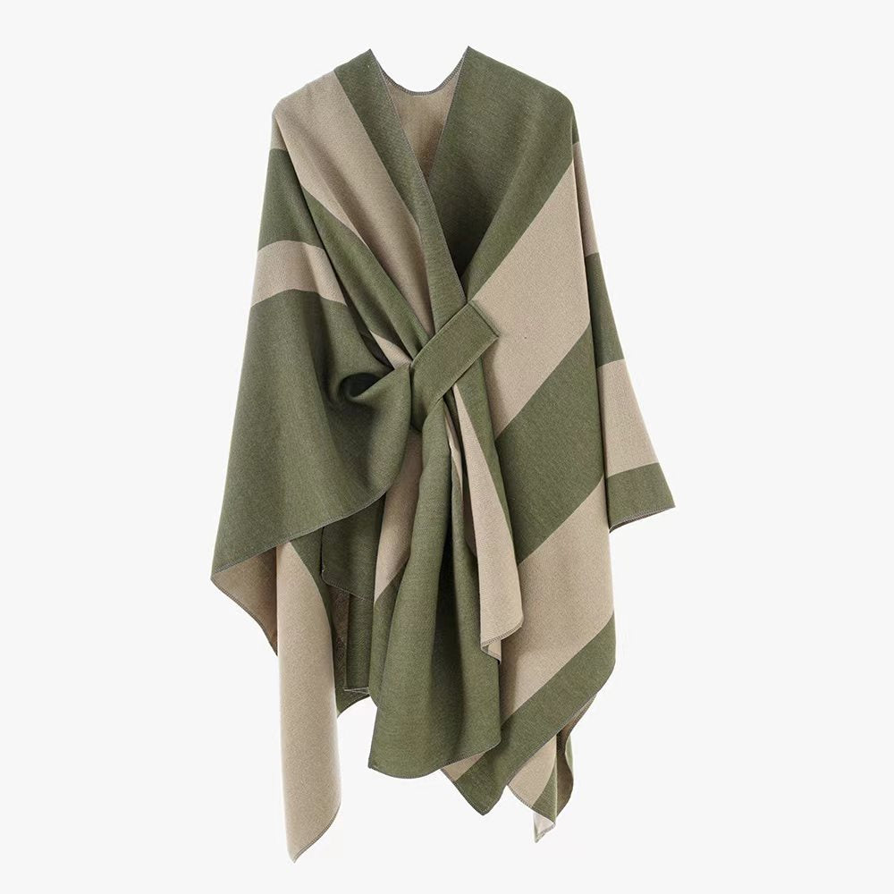 Damen Weicher Strickponcho mit Gürtel und Kontrastkante Shop Nory