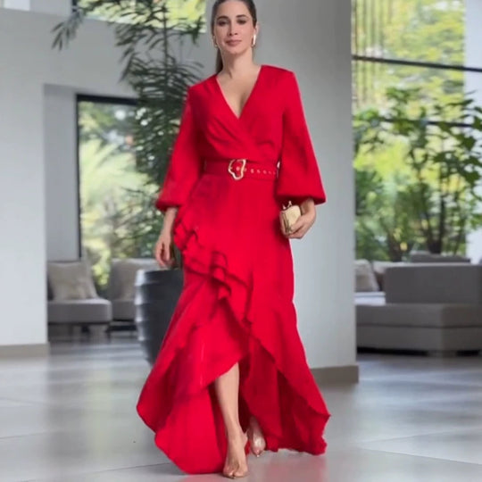 Damen Elegantes Wickel-Maxikleid mit Volants, tailliertem Gürtel & weitem Glockenärmel Shop Nory