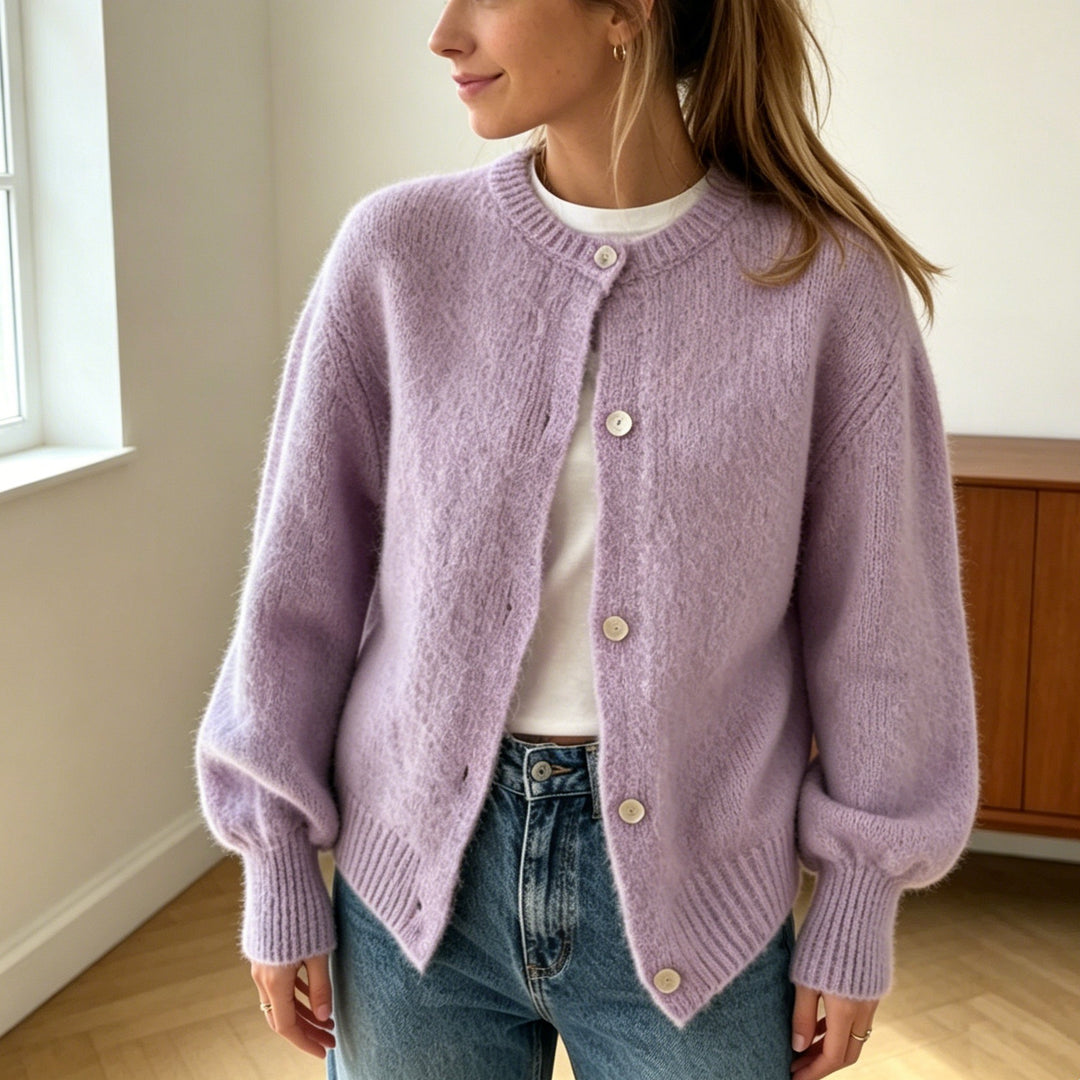 Damen Kuschelige Mohair-Optik Strickjacke mit Rundhals und Ballonärmeln Shop Nory