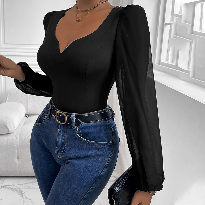 Damen Figurbetontes Body-Top mit herzförmigem Ausschnitt, Puffärmeln und taillierter Silhouette Shop Nory