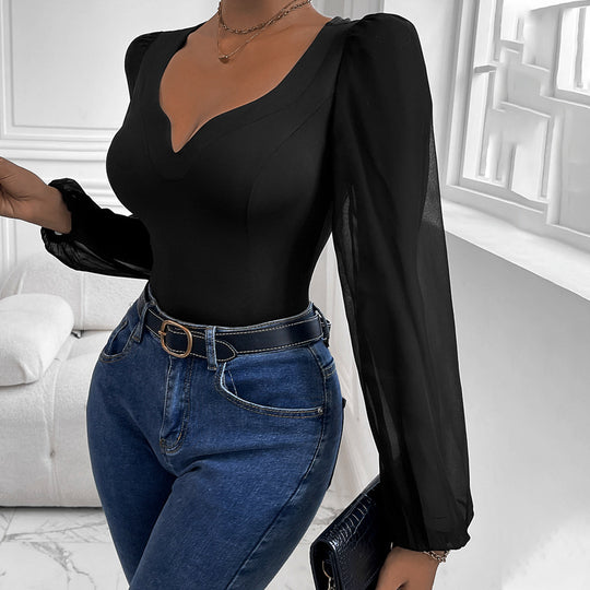 Damen Figurbetontes Body-Top mit herzförmigem Ausschnitt, Puffärmeln und taillierter Silhouette Shop Nory