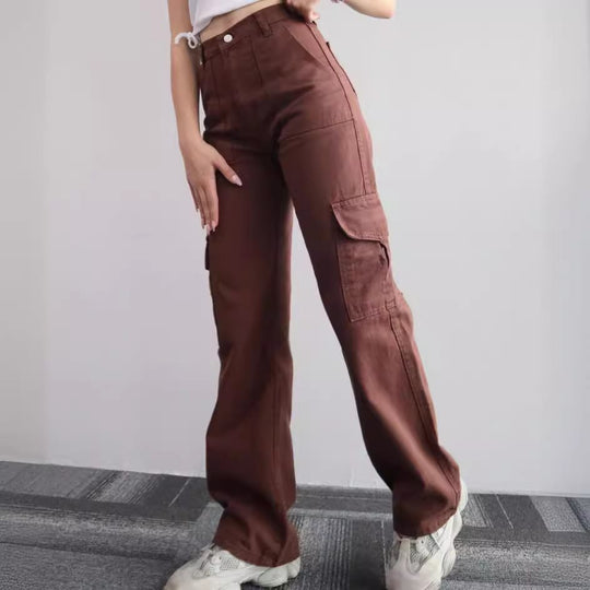 Damen High-Waist-Cargohose aus Twill mit aufgesetzten Klappentaschen und weitem Bein Shop Nory