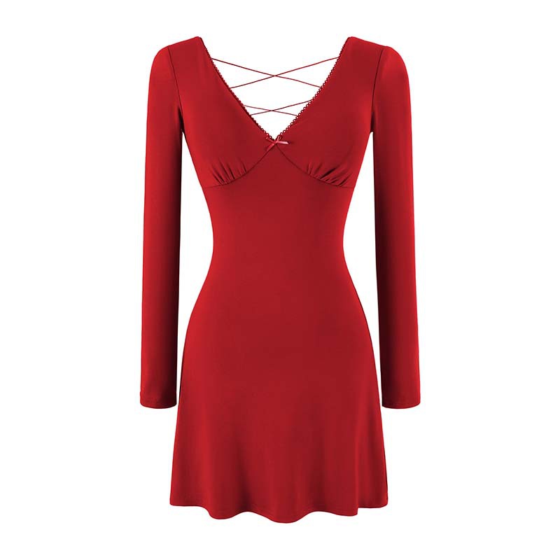 Damen Enganliegendes Minikleid mit tiefem V-Ausschnitt, geraffter Brust und gekreuzten Rückenträgern Shop Nory