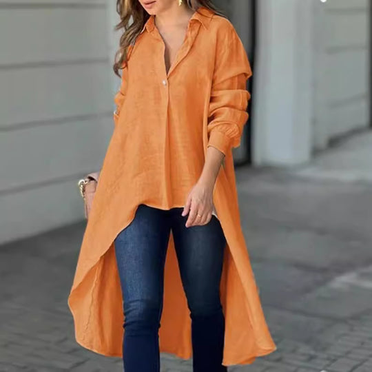 Damen Leichte Leinen‑Tunika‑Bluse mit asymmetrischem High‑Low‑Schwanz und Hemdkragen Shop Nory