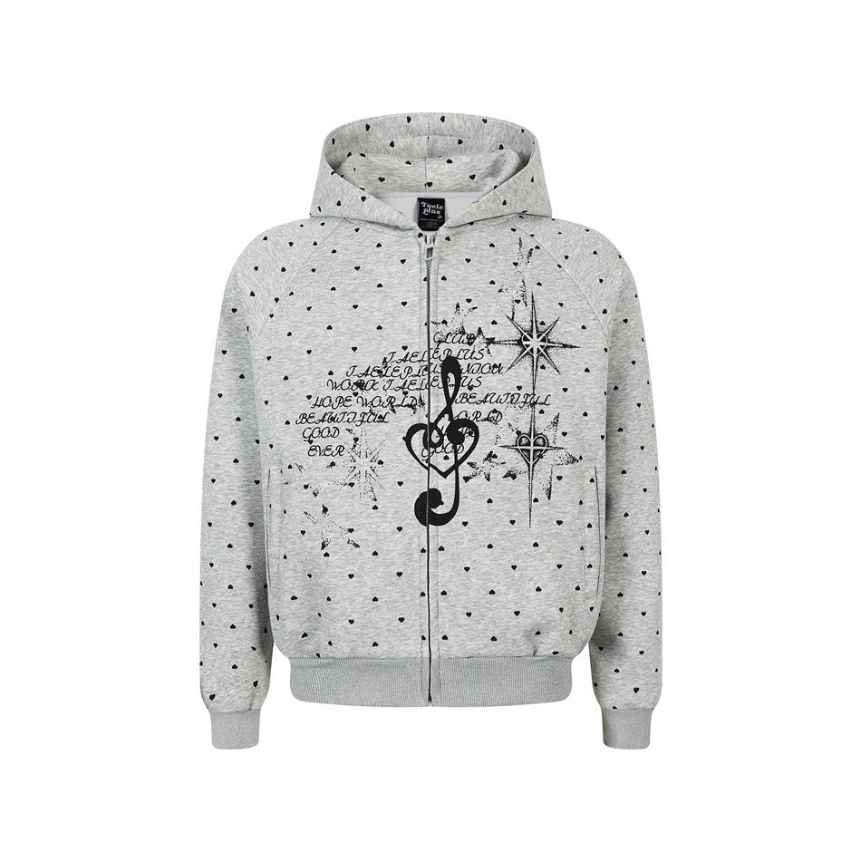 Damen Zip‑Hoodie im Herz-Allover mit Notenschlüssel‑Print und Kängurutaschen Shop Nory