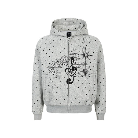 Damen Zip‑Hoodie im Herz-Allover mit Notenschlüssel‑Print und Kängurutaschen Shop Nory