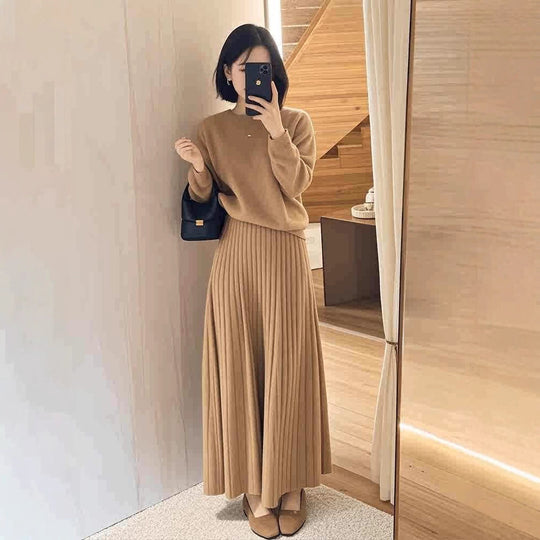 Damen Oversize-Strickpullover und plissierter Maxi-Rock Set Shop Nory