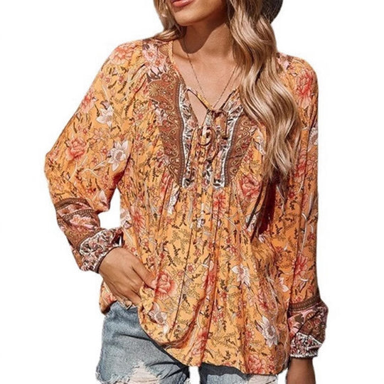 Damen Boho-Bluse mit floralem Print, V‑Ausschnitt mit Bindeband und Plissée-Details Shop Nory
