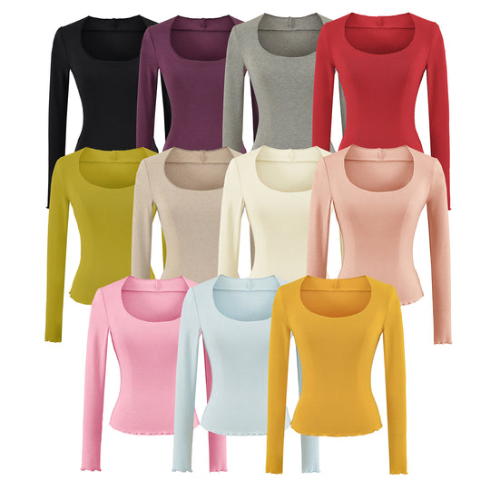 Damen Figurbetontes Langarm-Feinstrickshirt mit quadratischem Ausschnitt und Wellensaum Shop Nory