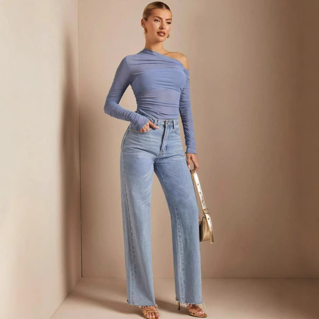 Damen Asymmetrischer Body mit Raffungen und langen Ärmeln