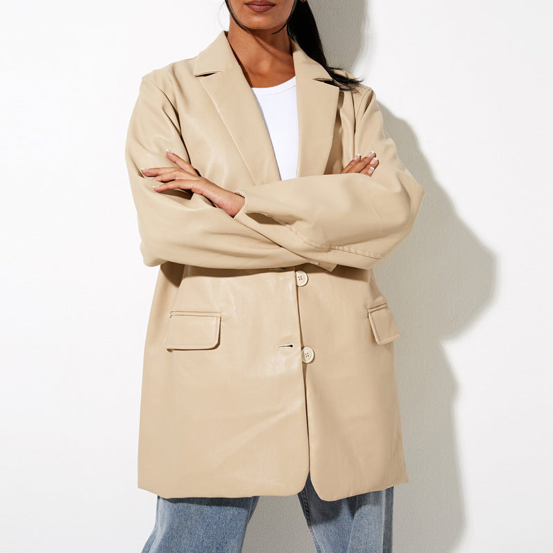 Damen Oversized Kunstleder Blazerjacke