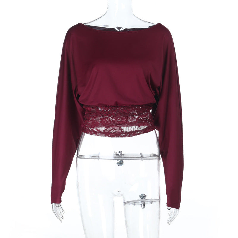 Damen Cropped-Top mit Fledermausärmeln und Spitzen-Taillenband Shop Nory