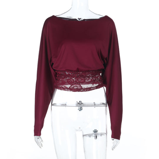 Damen Cropped-Top mit Fledermausärmeln und Spitzen-Taillenband Shop Nory