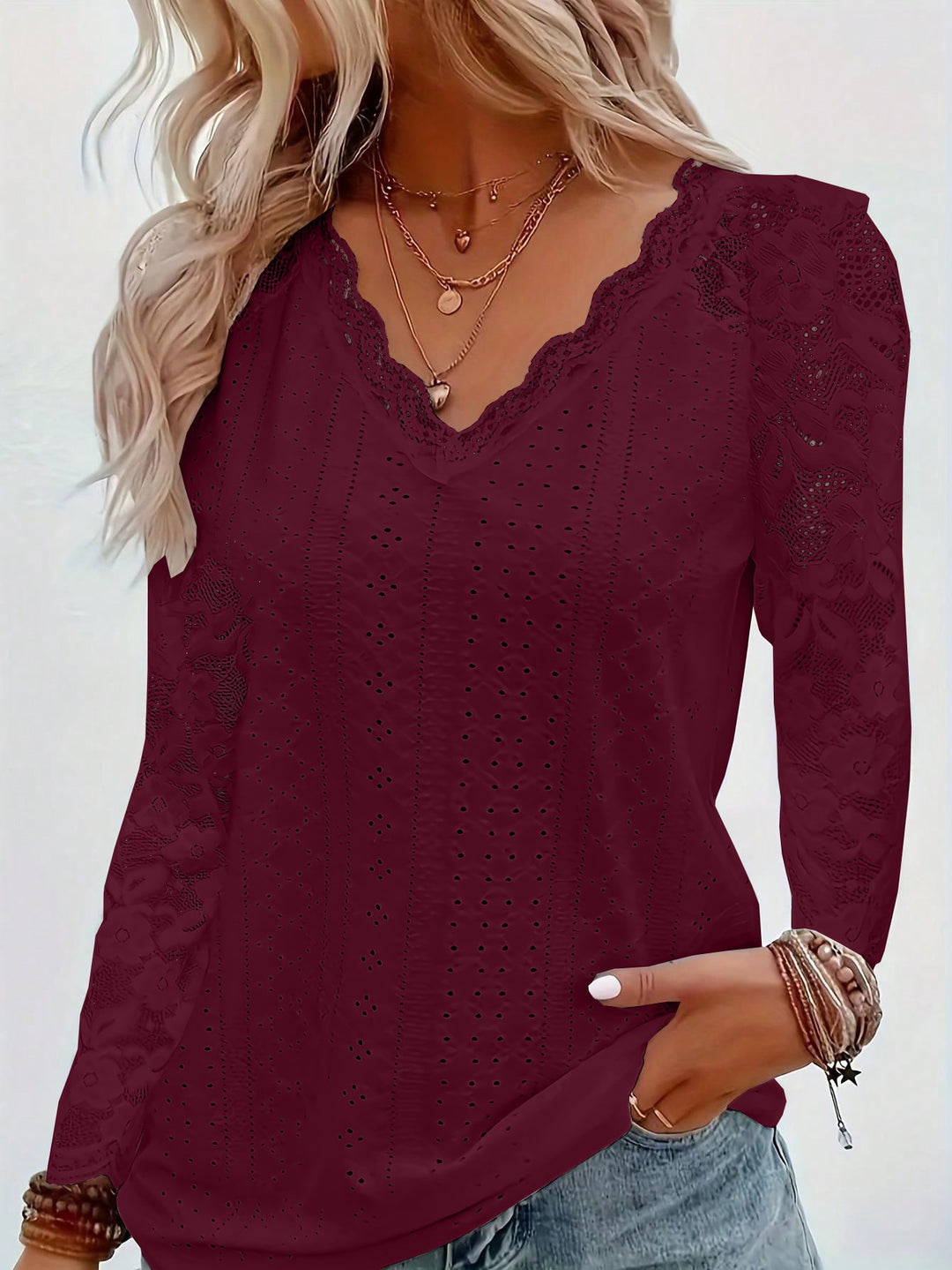 Damen Langarmbluse aus Lochstickerei mit Spitzen‑V‑Ausschnitt und floralem Netzärmel Shop Nory