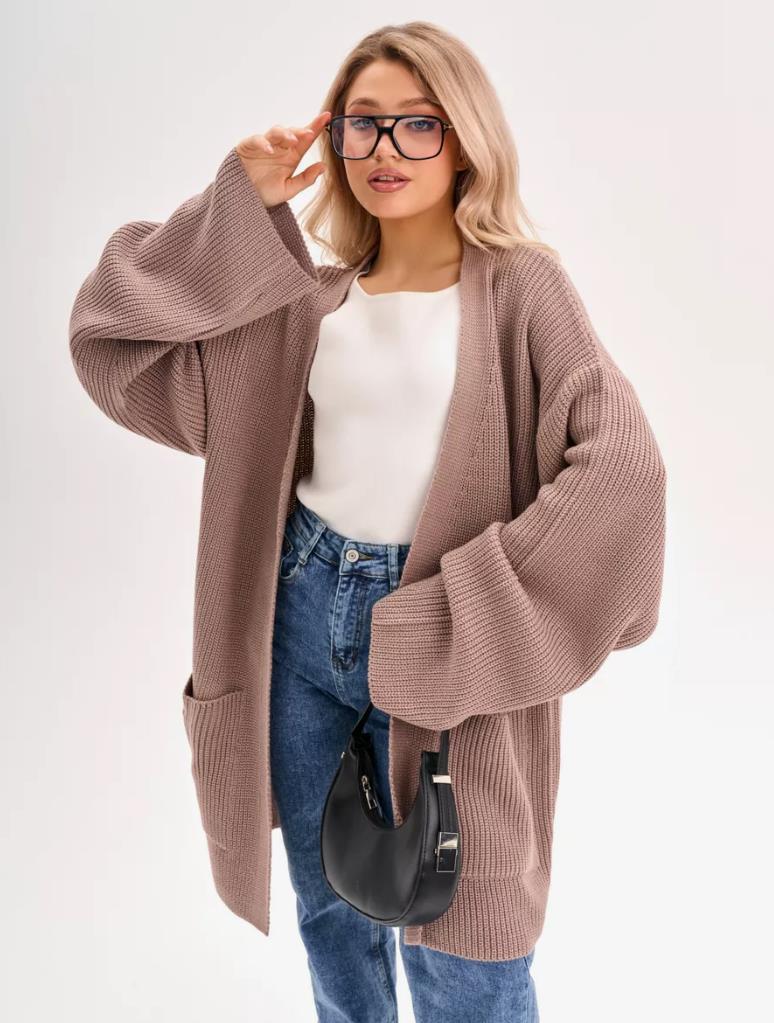 Damen kuscheliger langer Strickcardigan mit weiten Ärmeln und praktischen Taschen Shopnory