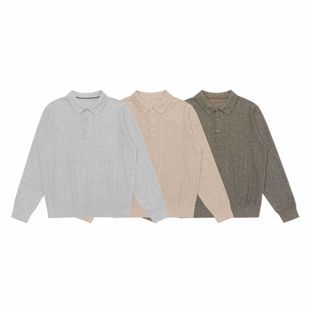 Unisex Feinstruktur-Polo-Strickpullover mit Hemdkragen und geripptem Saum Shop Nory