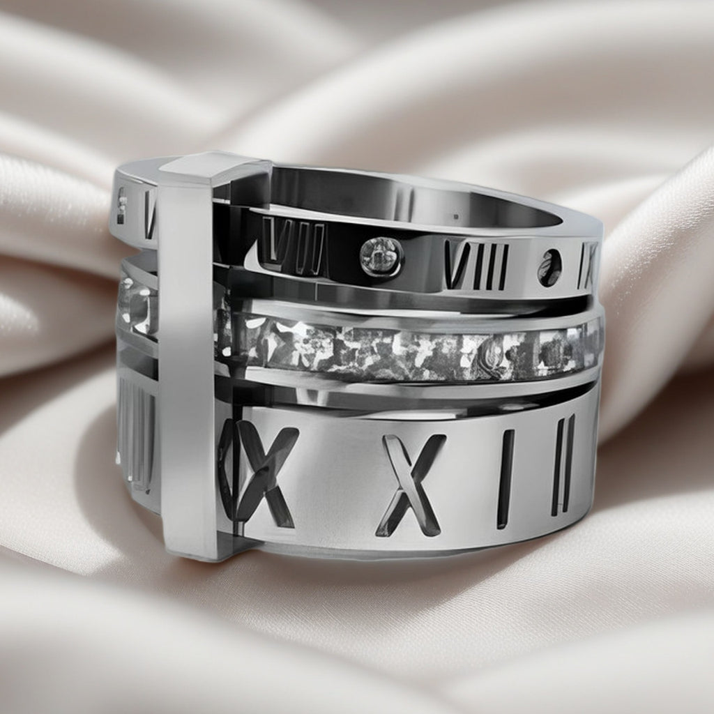 Herren Ring mit künstlerischem römischen Ziffern-Design und funkelnden Zirkonia Shop Nory