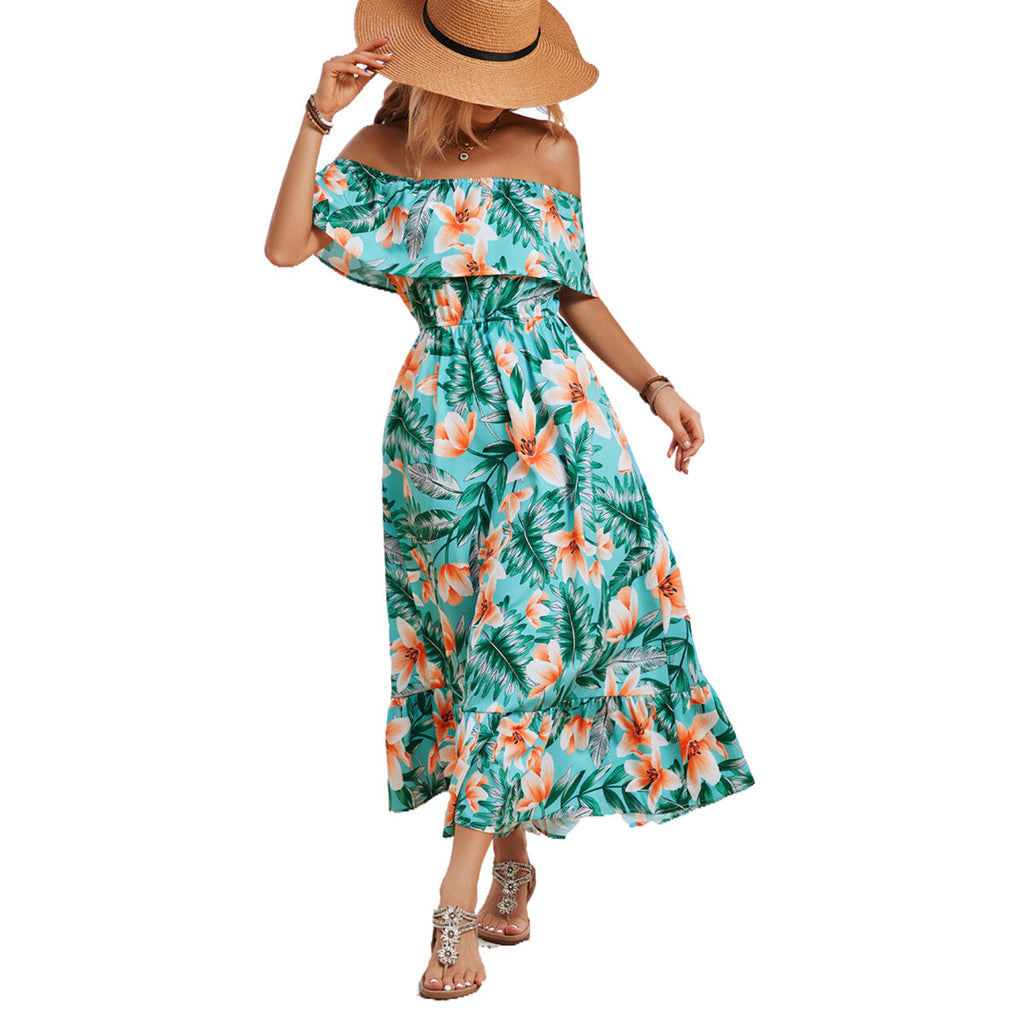Damen Off-Shoulder Maxikleid mit floralem Design und elastischem Taillenbund