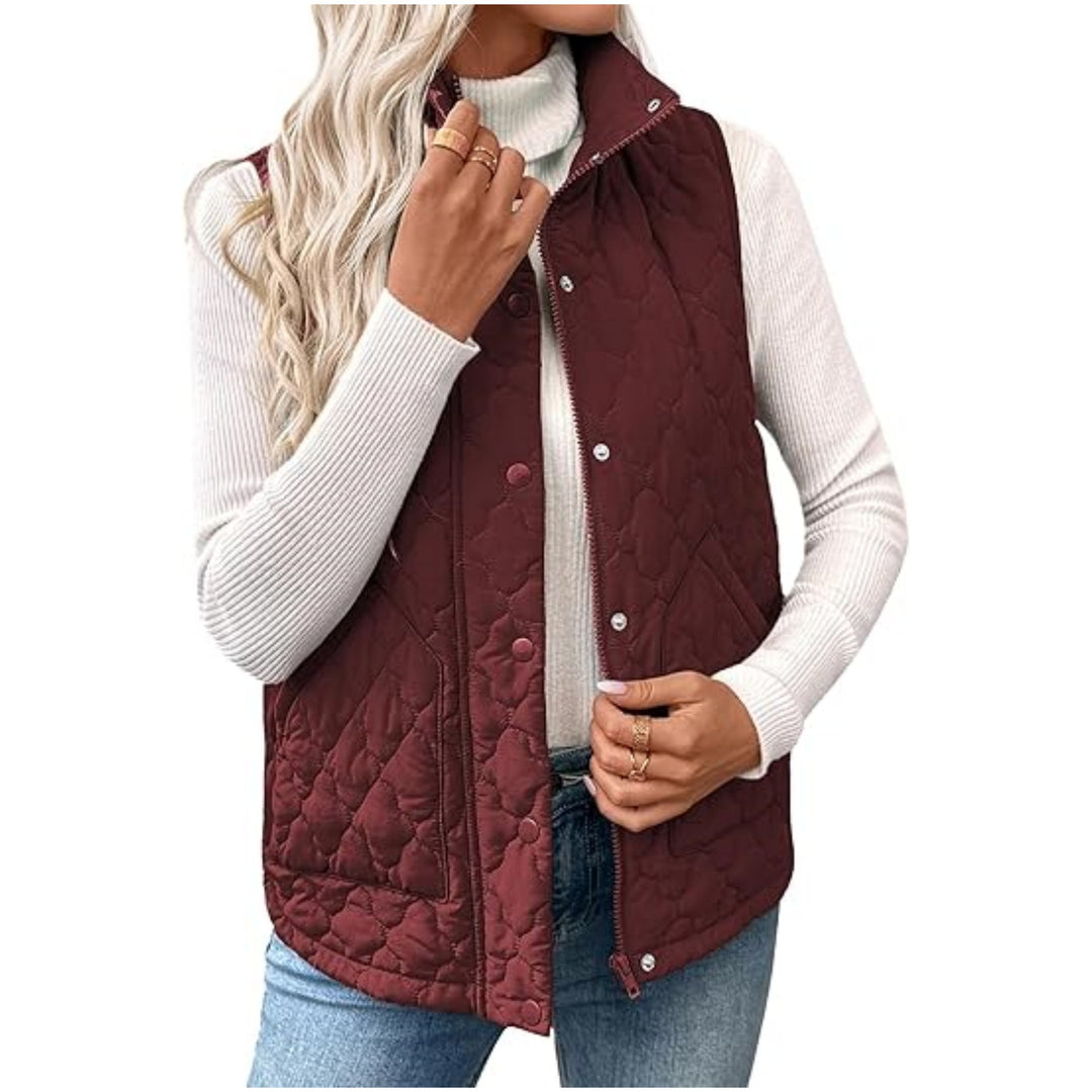 Damen Steppweste mit hohem Stehkragen, Doppelverschluss und geschwungenem Saum Shop Nory
