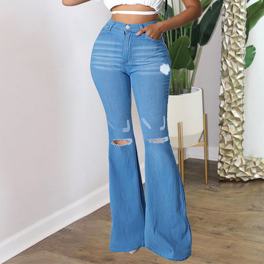 Damen Hochtaillierte Schlaghose aus Stretch‑Denim mit Knieausrissen und formendem Bund Shop Nory