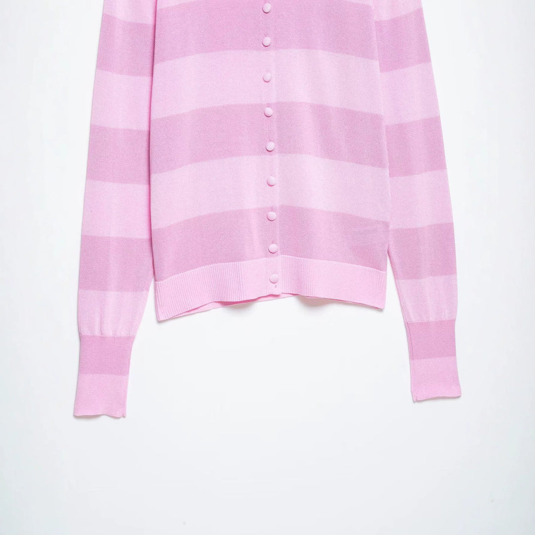 Damen Gestreifte Strickjacke mit Polokragen und durchgehender Knopfleiste Shop Nory