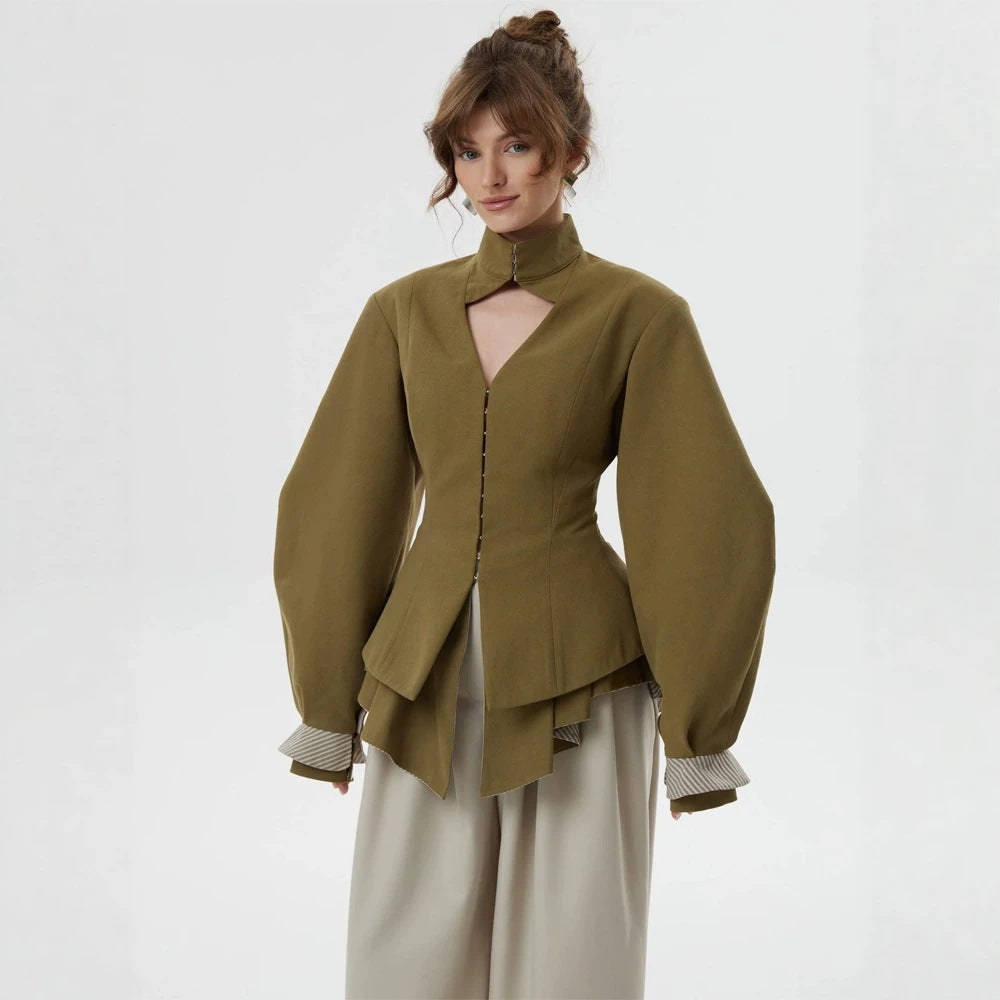 Damen taillierte Jacke mit Stehkragen, Cut-Out und Ballonärmeln Shop Nory