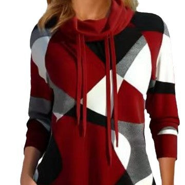 Damen Geometrischer Kapuzenpullover mit Kordelzug, Longline-Schnitt und Seitentaschen Shop Nory