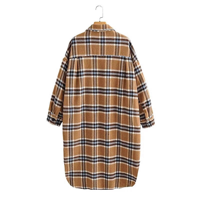 Damen Oversize Karo-Hemdjacke im Longline-Cut mit aufgesetzten Brusttaschen Shop Nory