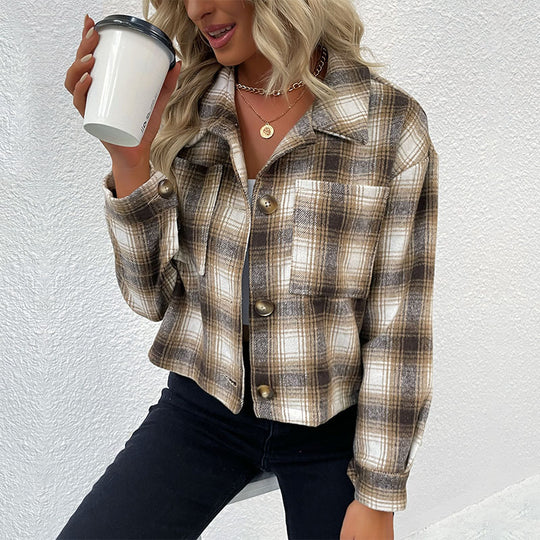 Damen Karo-Umschlaghemdjacke mit kastiger Kurzform und aufgesetzten Brusttaschen Shop Nory
