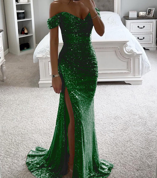 Damen Glamouröses Abendkleid mit schulterfreiem Schnitt und schimmerndem Stoff