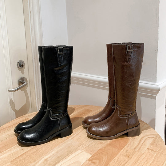 Damen kniehohe Lederstiefel mit Zierriegel, kontrastierender Naht und niedrigem Blockabsatz Shop Nory