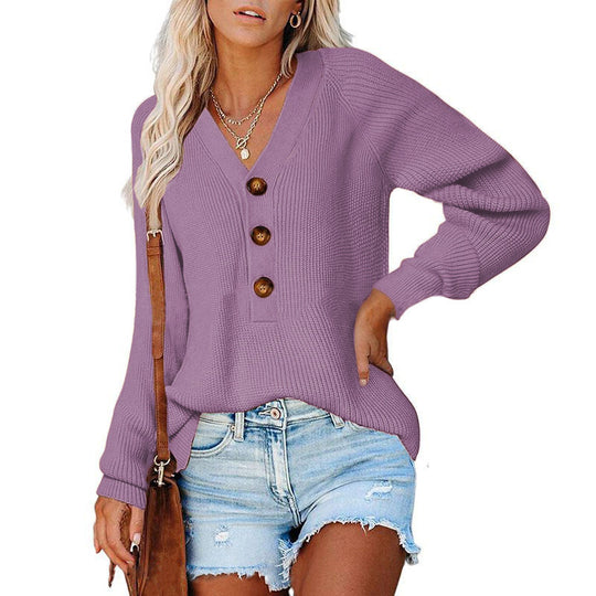 Damen Gerippter Strickpullover mit V‑Ausschnitt, Zierknopfleiste und Ballonärmeln Shop Nory