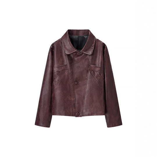 Damen Kurzer Boxy‑Lederimitat‑Blouson mit geometrischen Nahtdetails und Hemdkragen Shop Nory