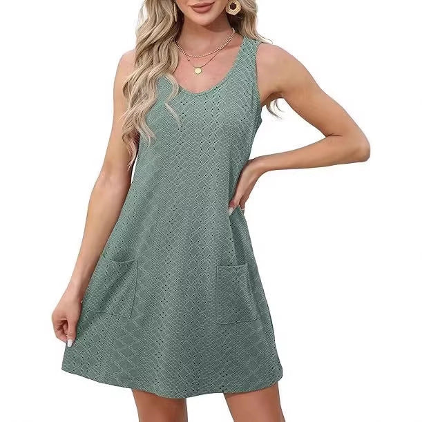 Damen Freizeitkleid mit Taschen und V-Ausschnitt Shopnory