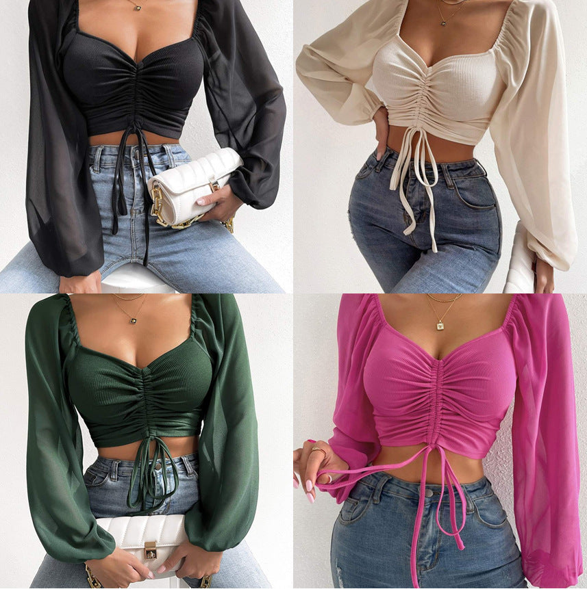 Damen Crop-Top mit strukturiertem Körper und eleganten Puffärmeln