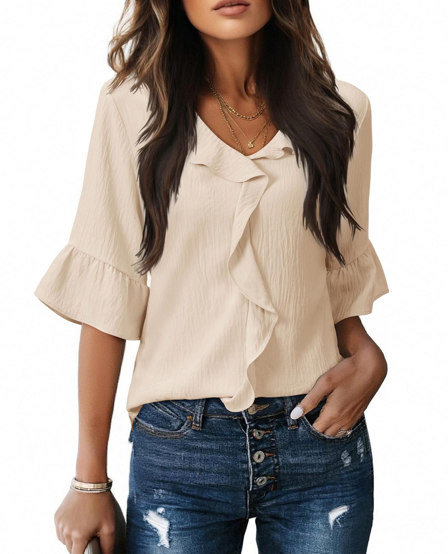 Damen Luftiges Blusenshirt mit Rüschendetails und V-Ausschnitt