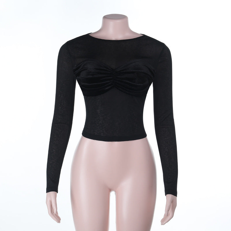 Damen Transparentes Mesh-Crop-Top mit langen Ärmeln und geraffter Bustier-Optik Shop Nory