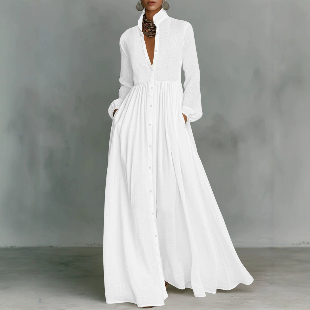 Damen Maxikleid mit Stehkragen, durchgehender Knopfleiste, taillenhoher Raffung und Eingrifftaschen Shop Nory