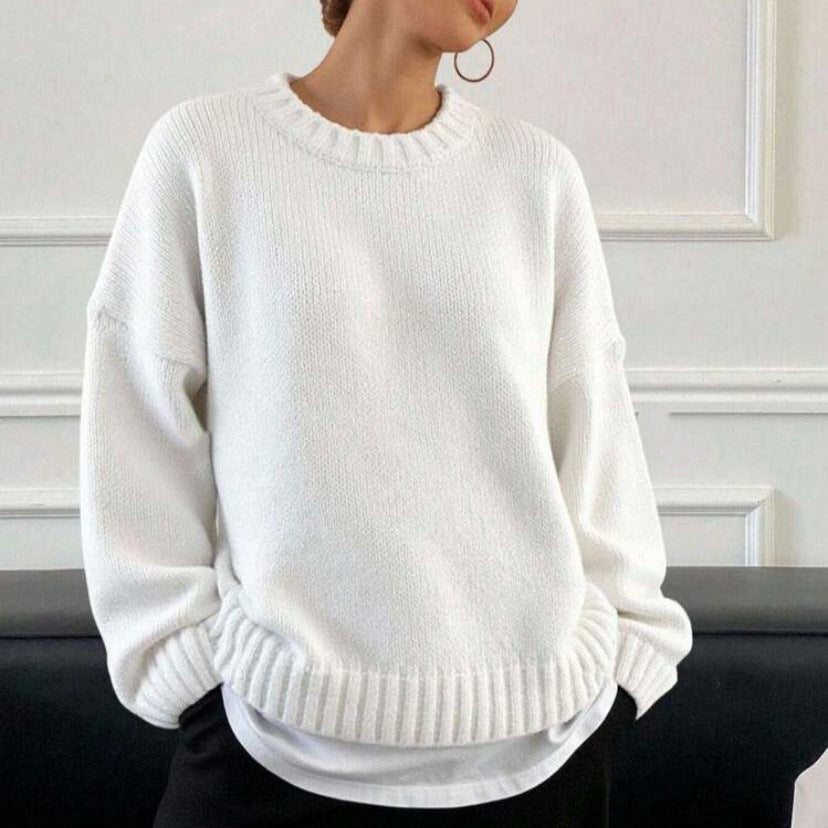 Damen Weit geschnittener Feinstrickpullover mit Rundhalsausschnitt und gerippten Bündchen Shop Nory