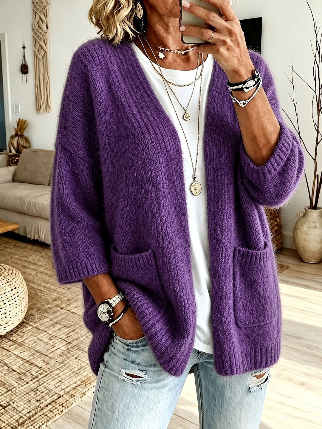 Damen Offener Longcardigan im Mohair-Look mit aufgesetzten Taschen und überschnittener Schulter Shop Nory
