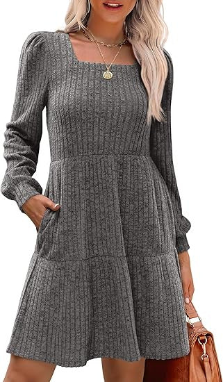 Damen Gestricktes A‑Linien‑Minikleid mit quadratischem Ausschnitt, Stufenrock und Eingrifftaschen Shop Nory