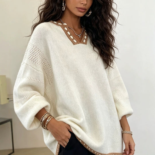 Damen Oversize V-Ausschnitt Strickpullover mit kontrastierender Punktbordüre und Ballonärmeln Shop Nory