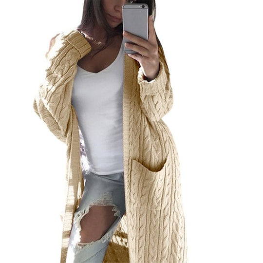Damen Langer Oversize Zopfmuster-Strickcardigan mit Eingrifftaschen Shop Nory