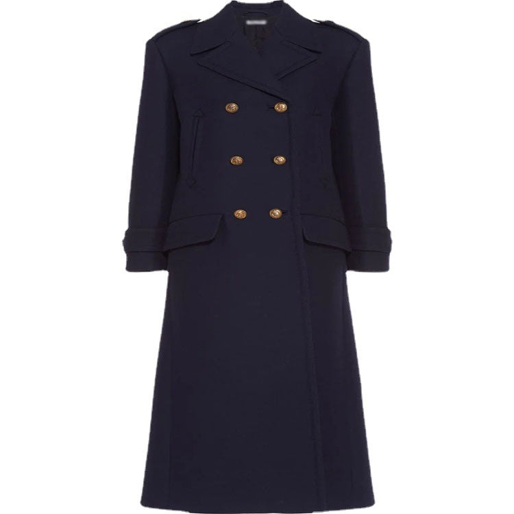 Damen Doppelreihiger militärinspirierter Maxi‑Wollmantel mit Epauletten und Zierriegeln Shop Nory