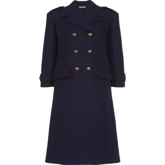 Damen Doppelreihiger militärinspirierter Maxi‑Wollmantel mit Epauletten und Zierriegeln Shop Nory