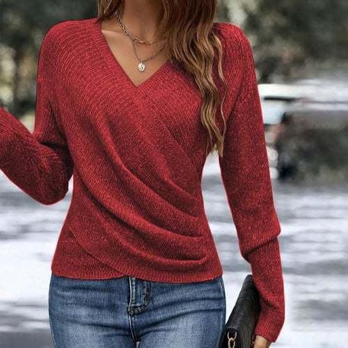 Damen nan figurbetonter Wickel-Strickpullover mit V-Ausschnitt und feiner Rippenstruktur Shop Nory