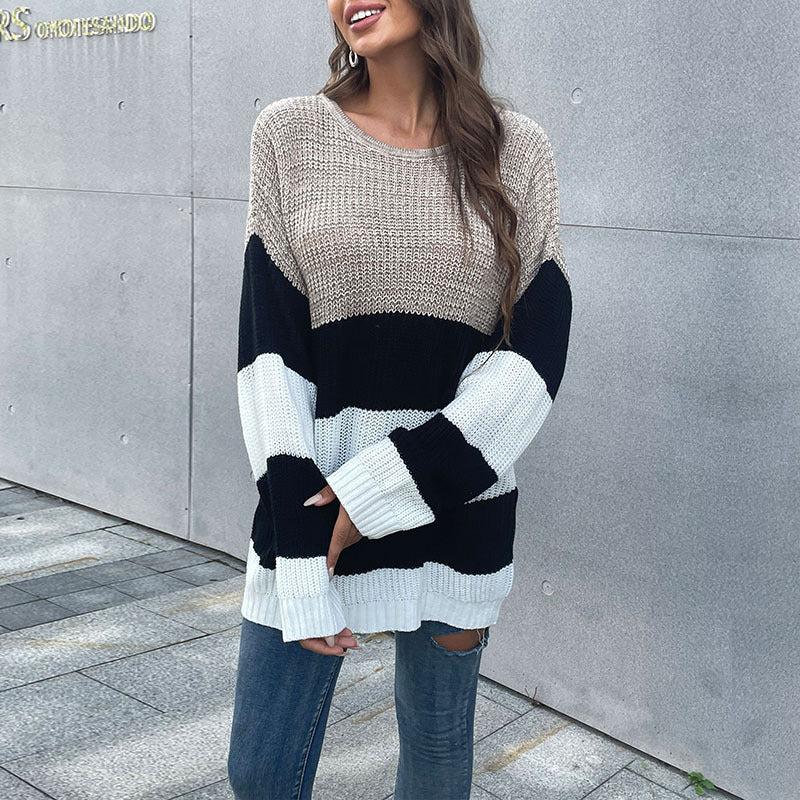Damen Oversize-Blockstreifen-Pullover aus grobem Strick mit weitem Schnitt Shop Nory