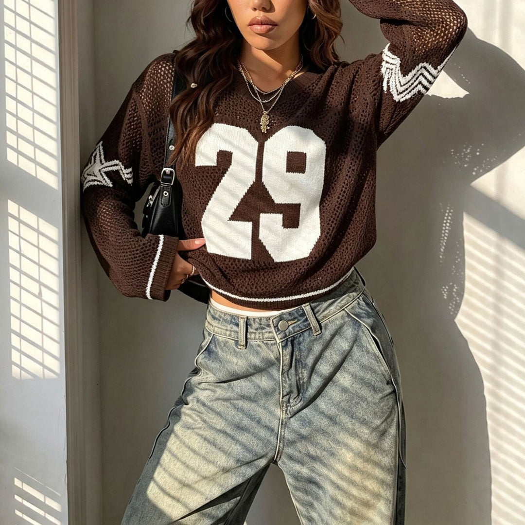 Damen Oversize Netz-Strick Cropped Pullover mit V-Ausschnitt Shop Nory
